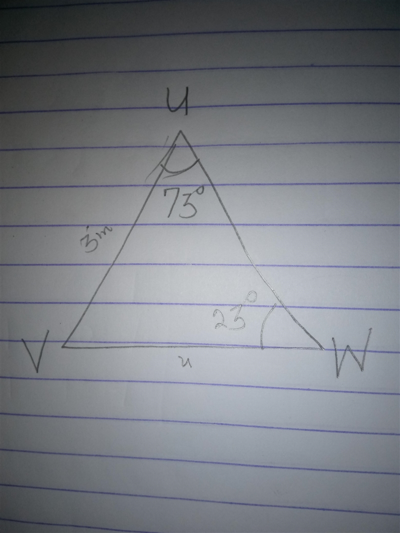 In ΔUVW, w = 3 inches, ∠W=23° and ∠U=73°. Find the length of u, to the nearest 10th-example-1