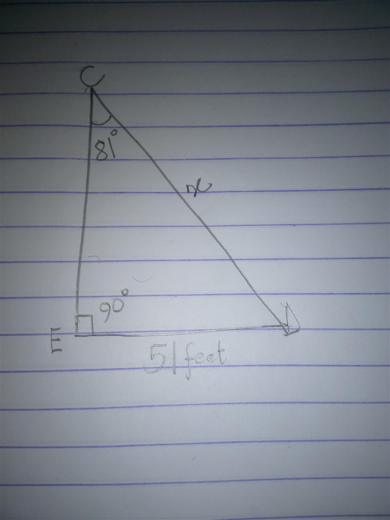 In triangle CDE the measure of angle E equals 90° the measure of angle C equals 81° De-example-1