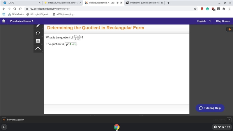 What is the quotient of StartFraction 22 + 3 I Over 5 + 2 I EndFraction?-example-1