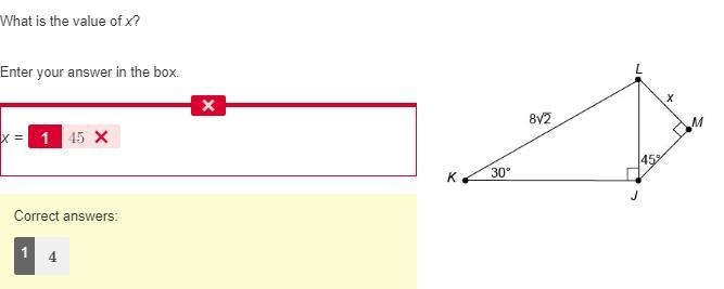 What is the value of x? Enter your answer in the box. 8/2￼ X = 45° K 30° Basic-example-1