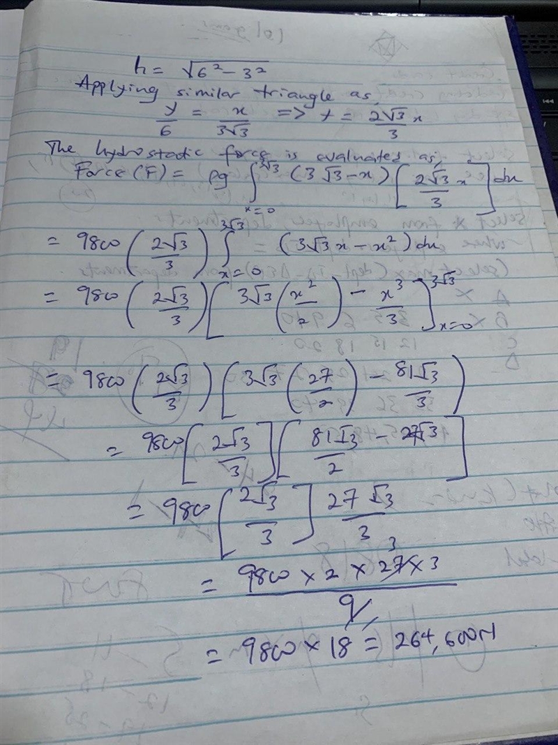 An equilateral triangular plate with sides 6 m is submerged vertically in water so-example-1