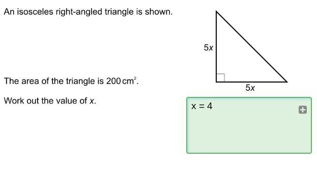 An isosceles right-angled triangle is shown. The area of the triangle is 200 cm?. Work-example-1