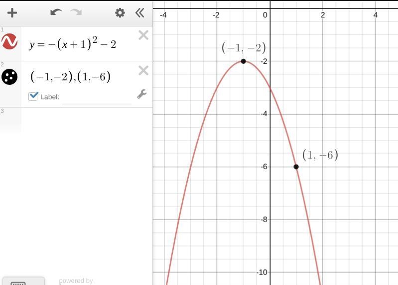 Write the equation of the function of a parabola with vertex at (-1,-2) and a point-example-1