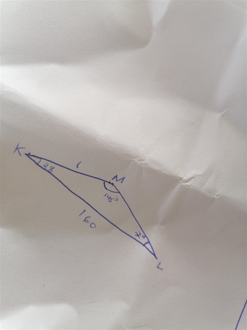 In ΔKLM, m = 160 cm, ∠M=145° and ∠K=28°. Find the length of l, to the nearest 10th-example-1