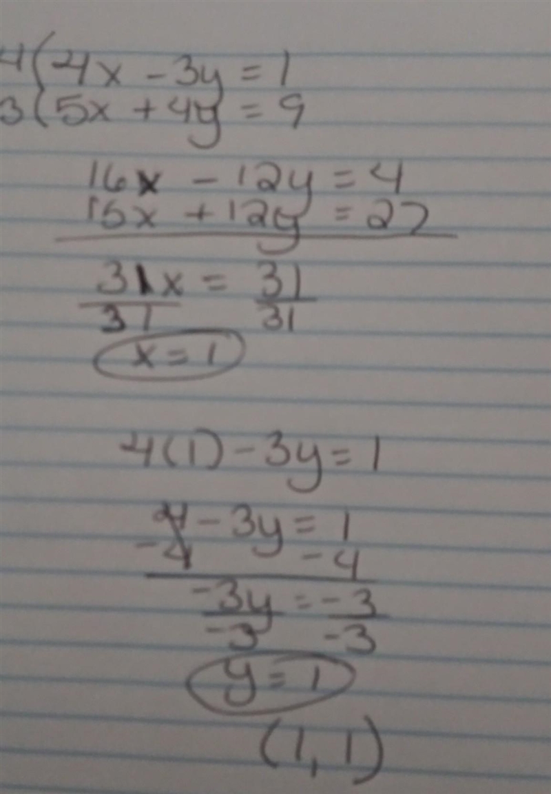 What number is missing in the solution to the system of equations? 4 x minus 3 y = 1. 5 x-example-1