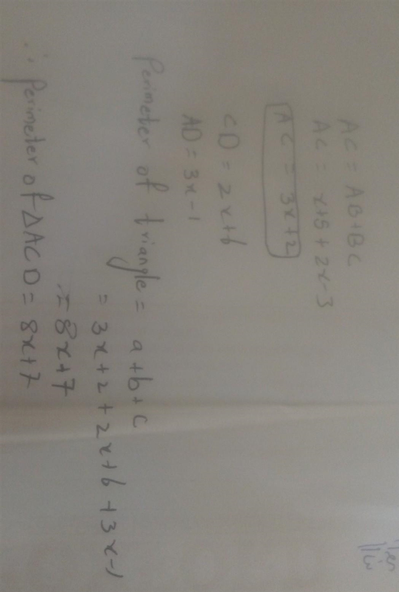 AB=x+5 CD=2x+6 AD=3x-1 BC=2x-3 B is the midpoint of AC. Find the perimeter of ACD-example-1