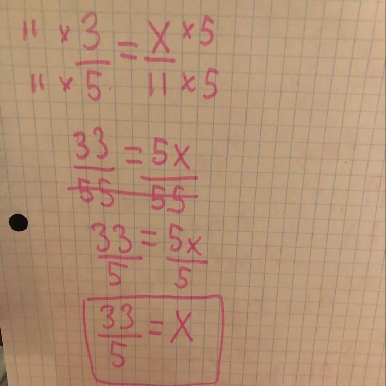 3/5=x/11 solve for x give your answer as an improper fraction in its simplest form-example-1