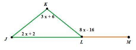 In AJKL, JL is extended through point L to point M, mZLJK = (2x + 2)°, mZKLM = (82 – 16)°, and-example-1