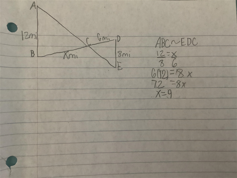 What is the distance of BC? ΔABC ∼ ΔEDC 1. Proportion: 12/8= x6 2. Cross-multiply-example-1