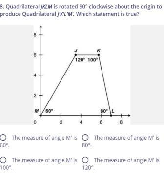 Quadrilateral JKLM is rotated 90° clockwise about the origin to produce Quadrilateral-example-1