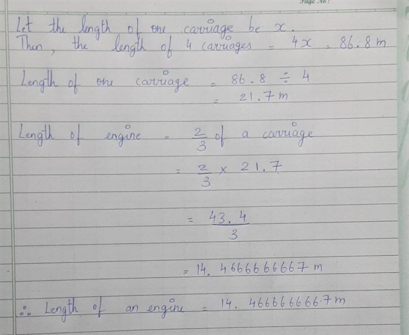 An engine pulls four identical carriages. The engine is the length of a carriage and-example-1