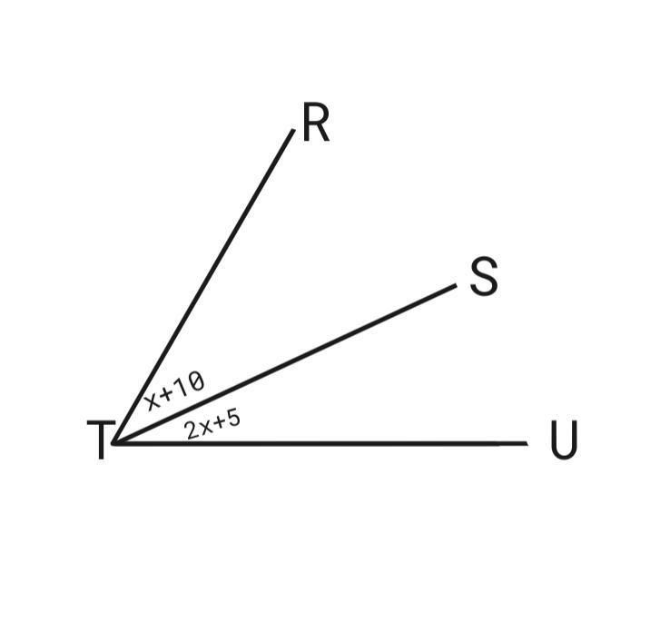 TS is an angle bisector. If m∠RTS=x+10 and m∠UTS=2x+5, find m∠RTU. answer choices-example-1