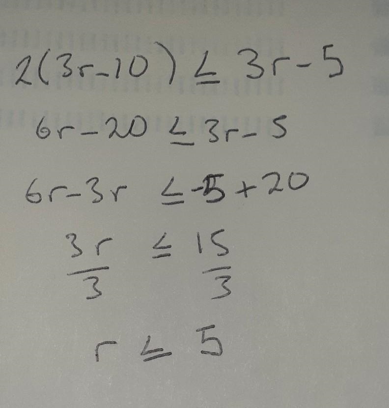 Solve the inequality and graph the solution set for 2(3r − 10) ≤ 3r − 5-example-1