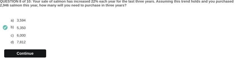 Your sale of salmon has increased 22% each year for the last three years. Assuming-example-1