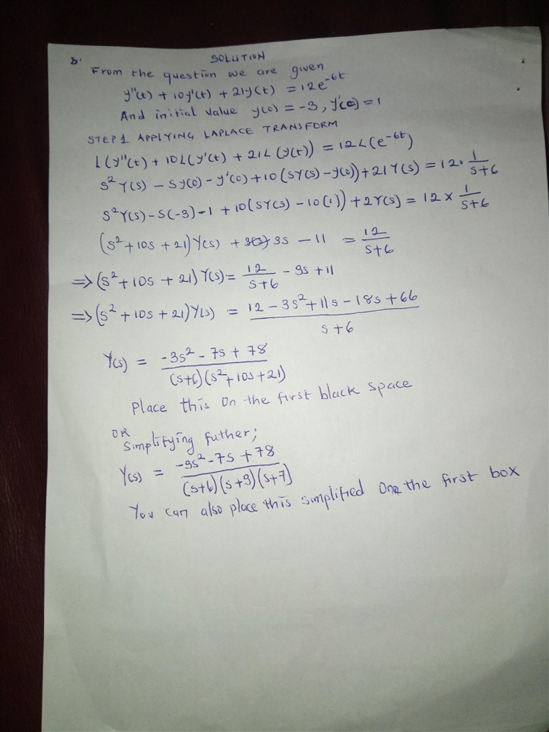 Step1: find the Laplace transform of the solution Y(s).Y(s). Write the solution as-example-3