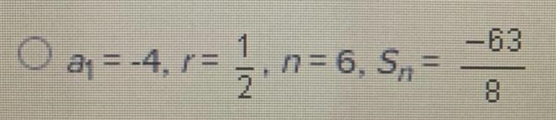 Identify a1, r, n, and sn. Can you explain how you got the answer? Thanks!-example-1