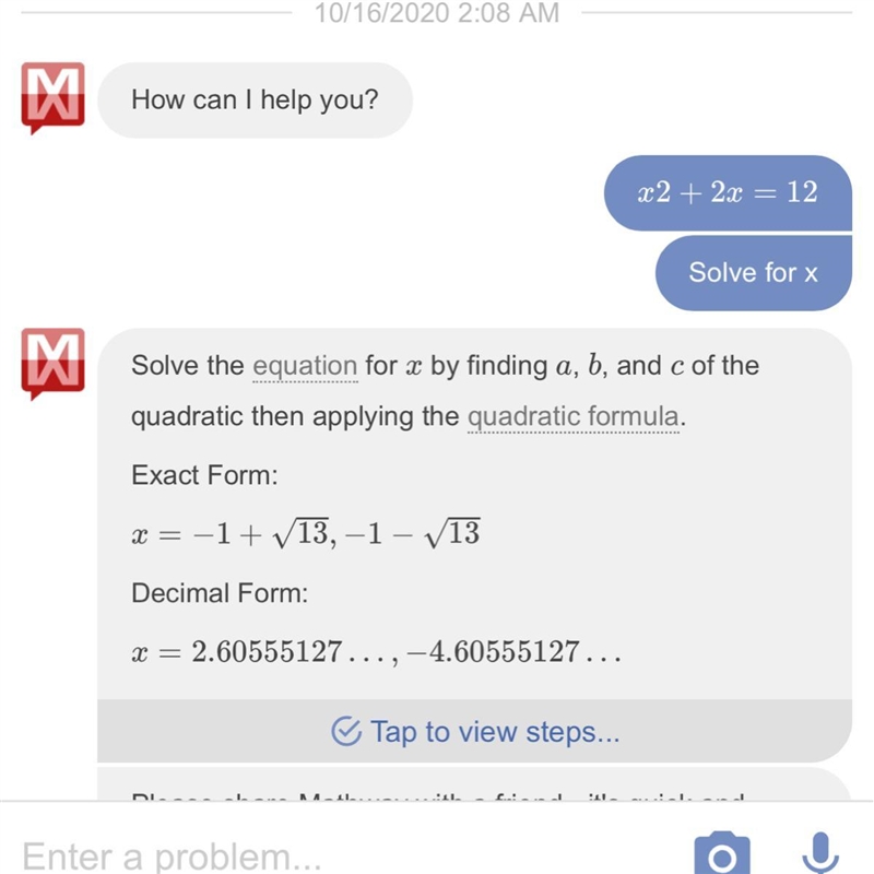 What is the solution to the equation x2 + 2x = 12?-example-1