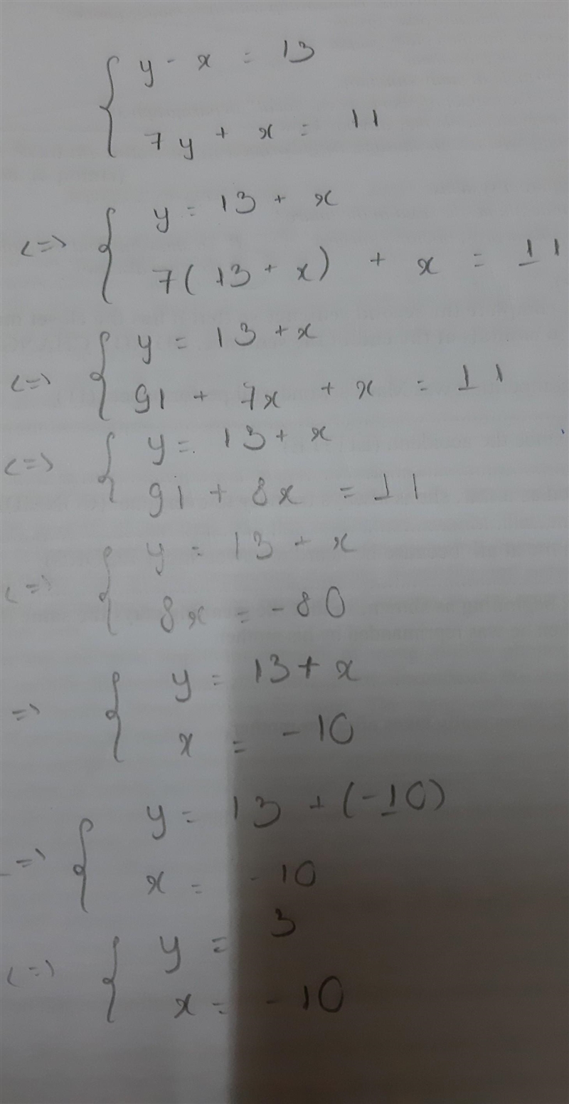 Solve the system using elimination. y – x = 13 7y + x = 11-example-1