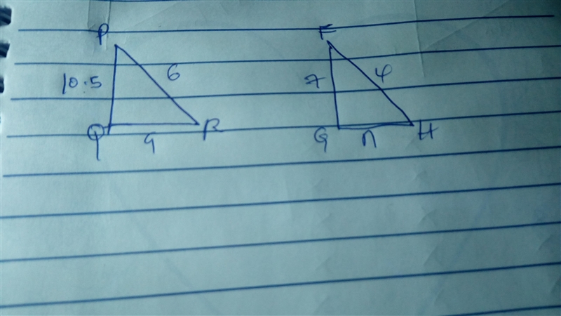 Triangle PQR is similar to triangle FGH. Solve for n. QP:10.5 QR:9 RP:6 GF:7 HF:4 GH-example-1