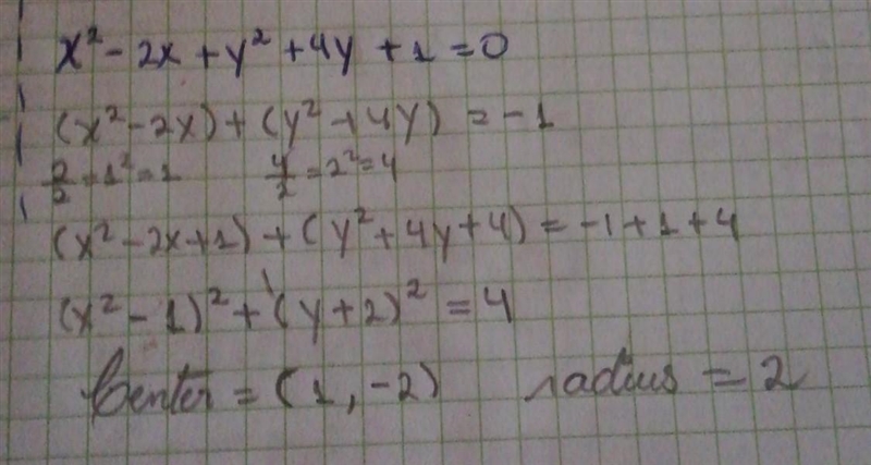 Find the center and the radius of the circle with the equation x^2 -2x+y^2 +4y +1-example-1