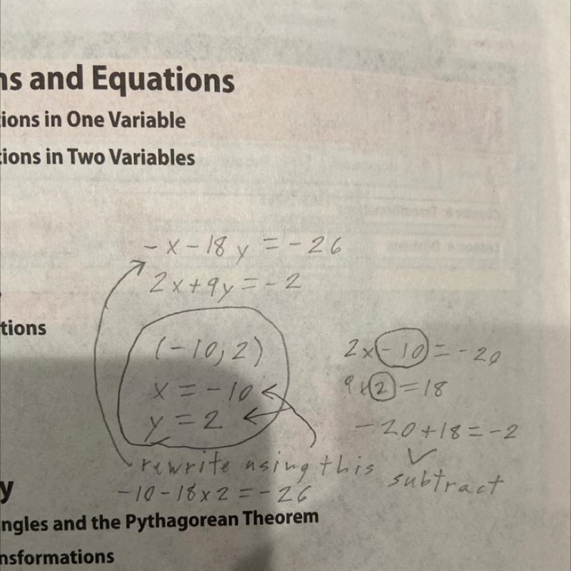 Solve System by Elimination method, provide steps. -x - 18y = -26 2x + 9y = -2-example-1