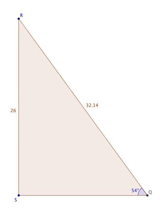 In ΔQRS, the measure of ∠S=90°, the measure of ∠Q=54°, and RS = 26 feet. Find the-example-1