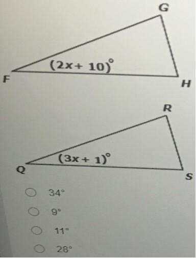 If triangle FGH is congruent to triangle QRS, find the measure of triangle Q-example-1