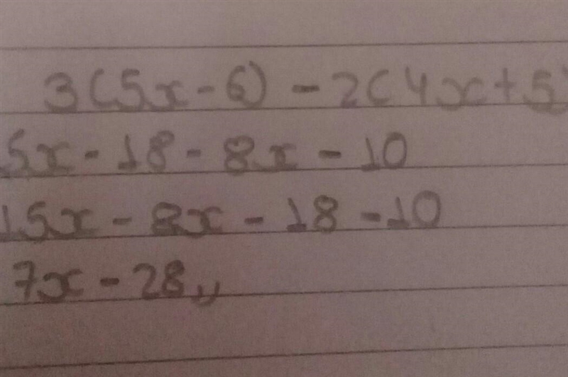 1. Which expression is equal to 3(5x - 6) - 2(4x + 5)? A 7x - 1 B 9x - 1 C 9x - 13 D-example-1