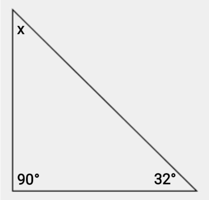 A triangle has interior measures of 32° and 90°. What is the measure of the third-example-1