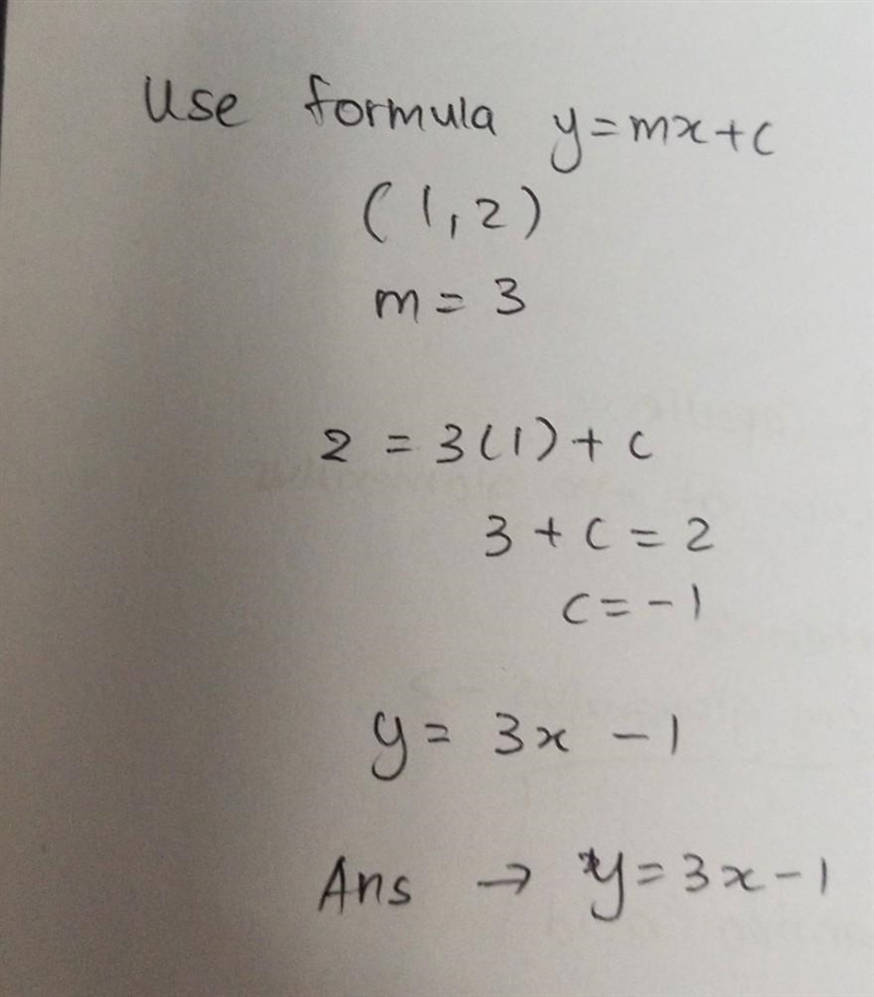 25. What is the equation of a line that has a slope of 3 and passes through the point-example-1