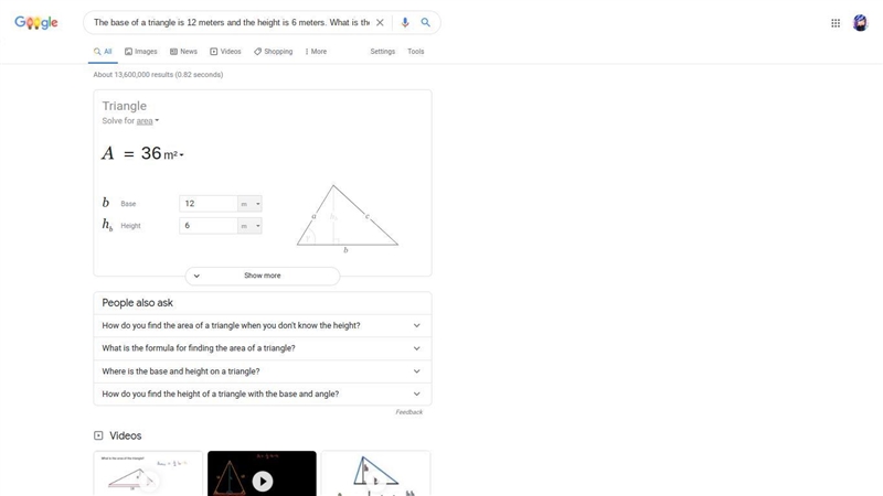 The base of a triangle is 12 meters and the height is 6 meters. What is the area of-example-1