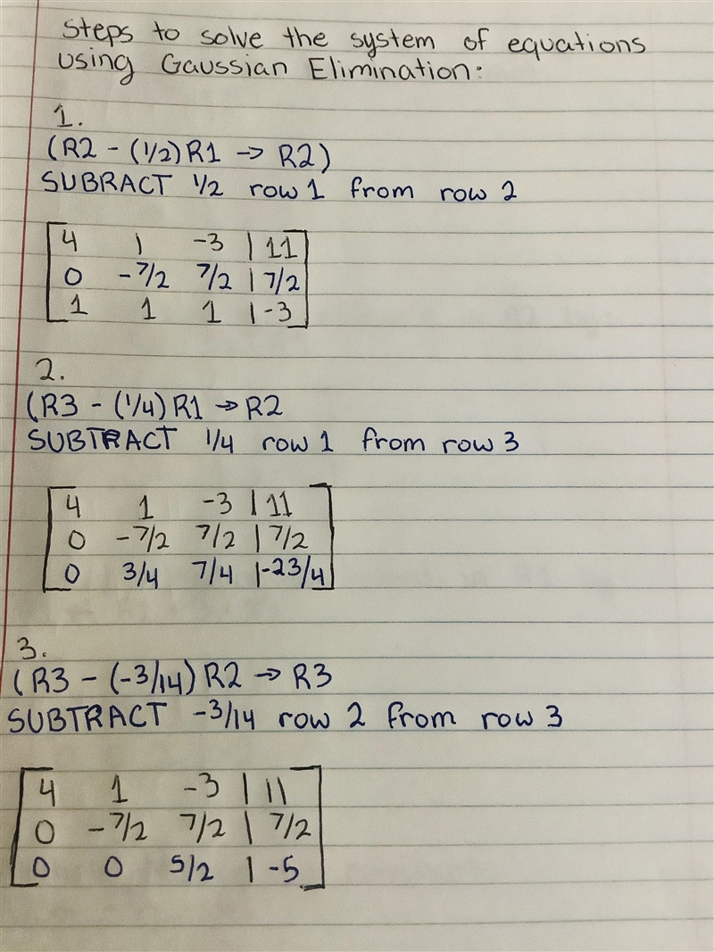 Solve the system of equations using Gaussian elimination. 4x+y-3z &= 11 \\2x-3y-example-1