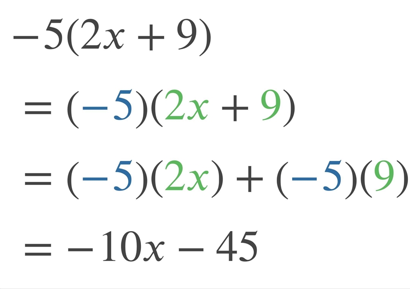 -5(2x+9)? simplify the expressions by disturbing the negatives and combining like-example-1