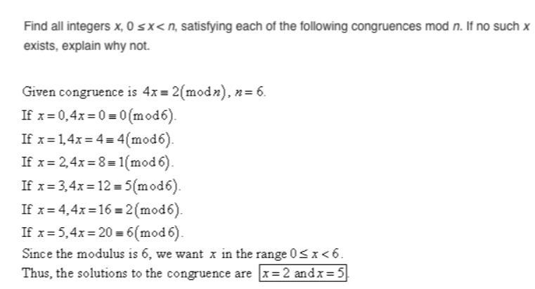 find all integers x satisfying each of the following congruences mod n. if no such-example-1