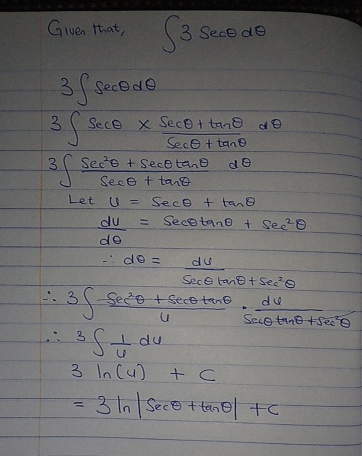 In order to evaluate 3 sec θ dθ , multiply the integrand by sec θ + tan θ sec θ + tan-example-1