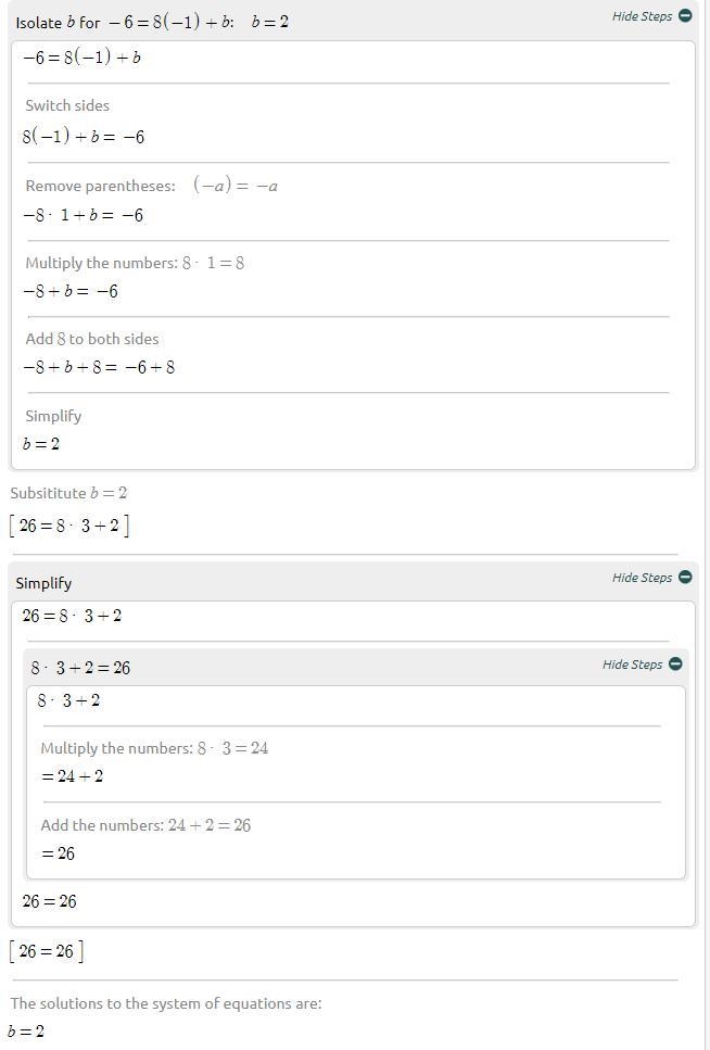 a line has a slope of 8 and passes through the points (3, 26) and (-1,-6) what is-example-1