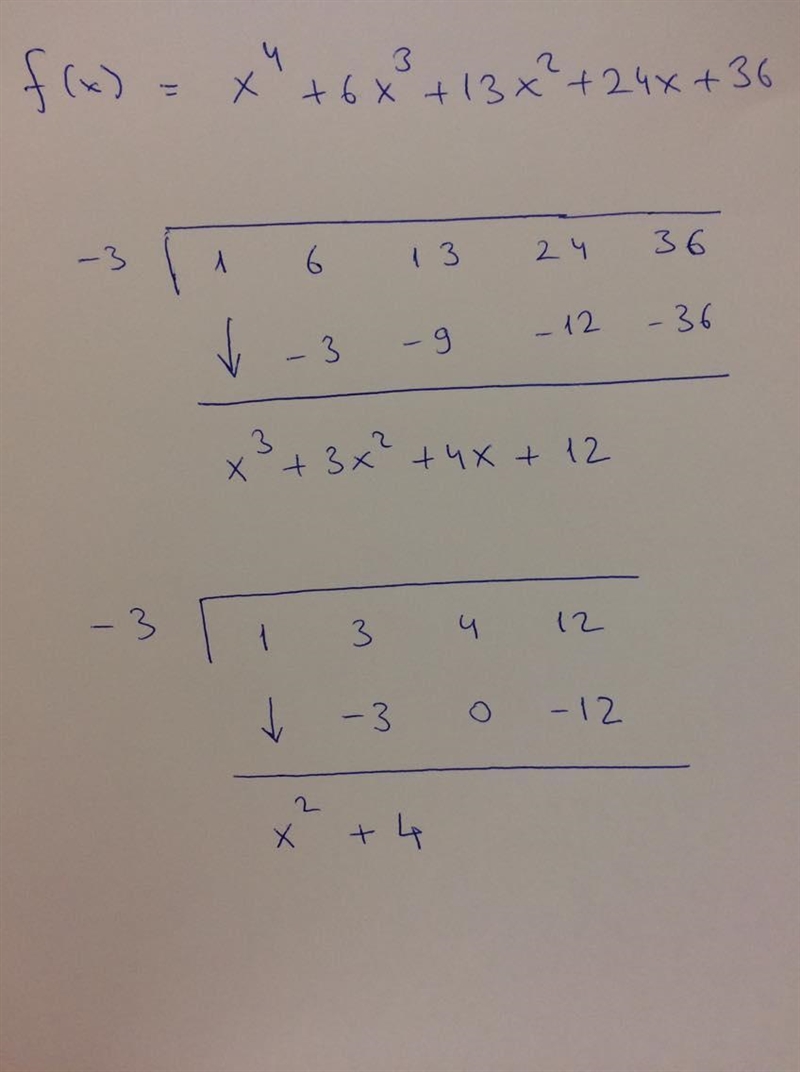 Find ALL the zeros of g(x)=x^5+6x^4+13x^3+24x^2+36x . Part of the work must include-example-1