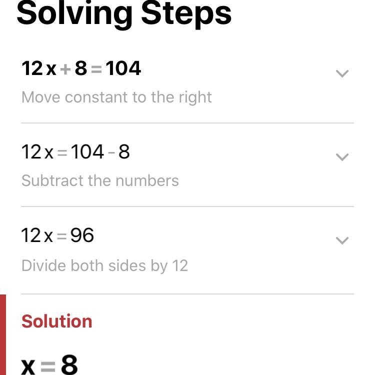 Solve equation: 12x + 8 = 104-example-1