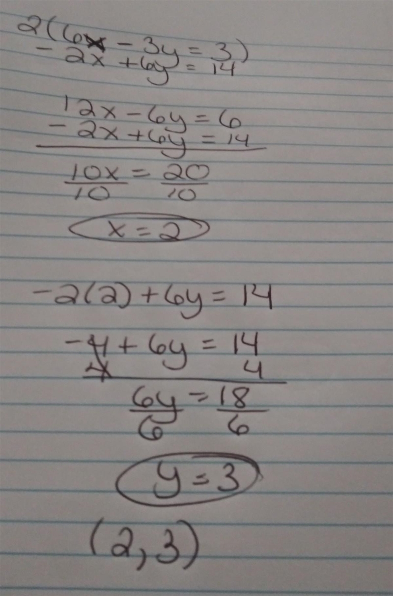 Solve the system using multiplication for the linear combination method. 6x – 3y = 3 –2x-example-1