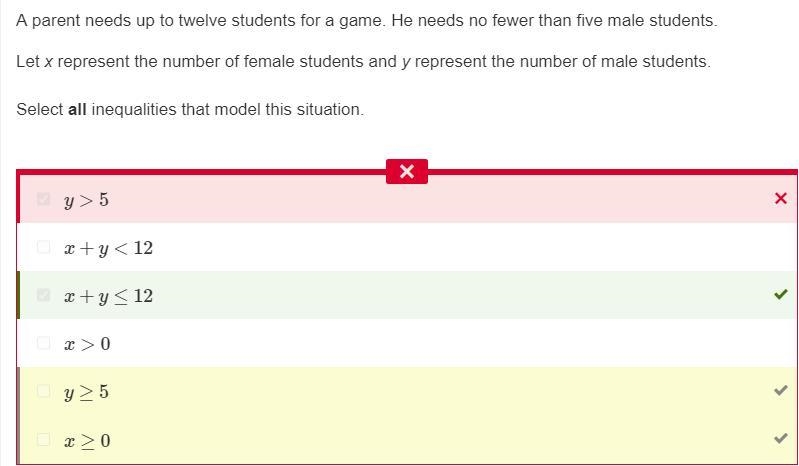 A parent needs up to twelve students for a game. He needs no fewer than five male-example-1