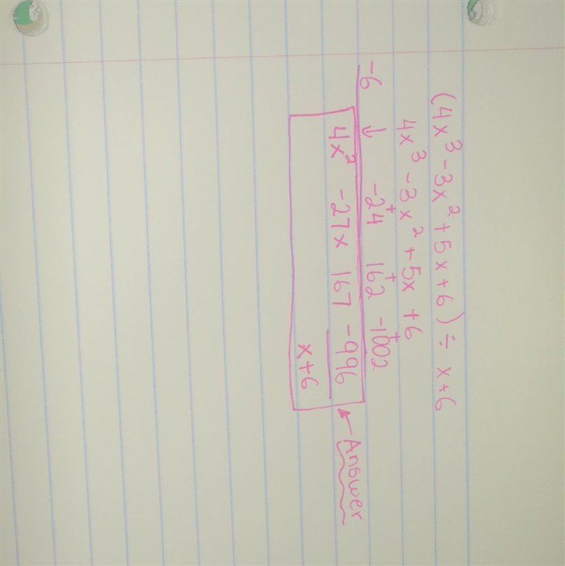 What is the quotient of (4x^3-3x^2+5x+6) divided by (x+6)-example-1