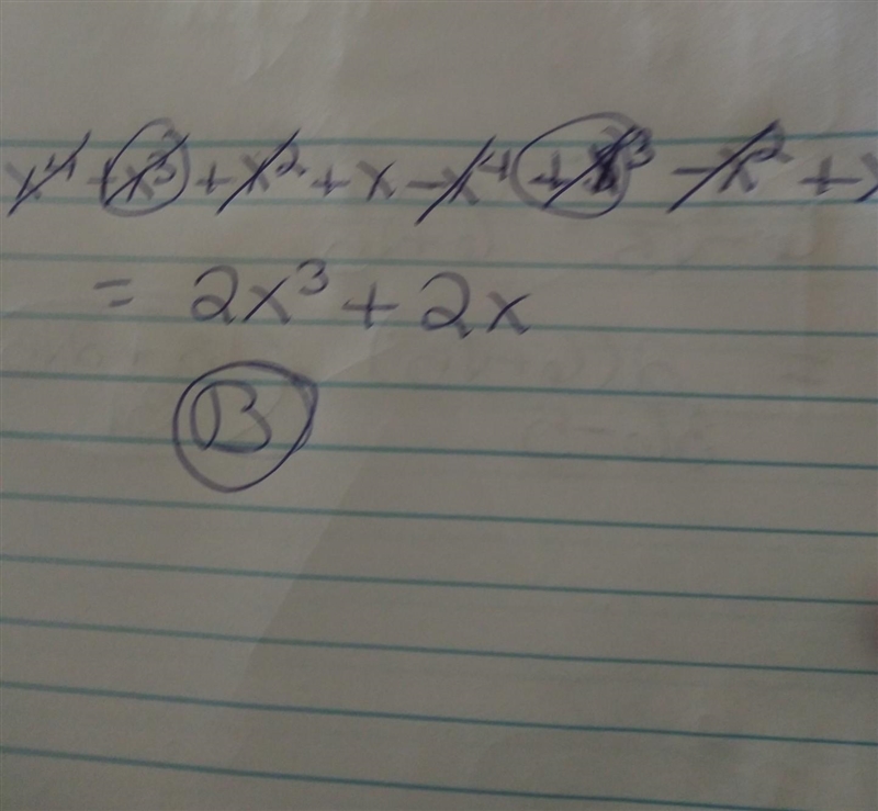 What is the difference of the polynomials? (x^4+x^3+x^2+x)-(x^4-x^3+x^2-x) (A 2x^2 (B-example-1