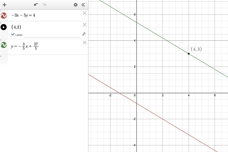 HELP !!! Find the equation of a line parallel to -3x - 5y = 4 that contains the point-example-1