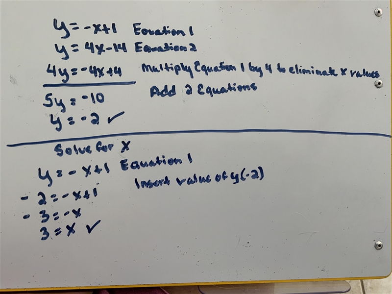 Solve each system of equations by elimination. y= -x+1 y=4x-14 By ELIMINATION-example-1