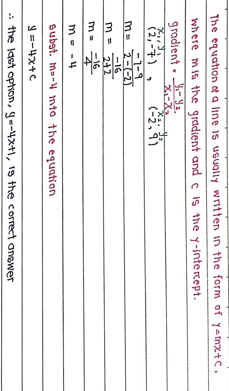 Find the equation of a line with the given points. (2,- 7) (-2,9) answers are: y=4x-example-1