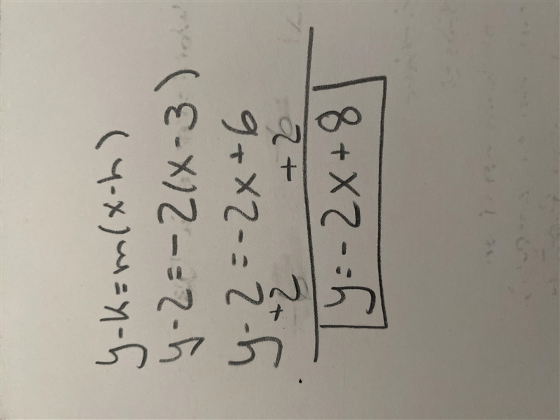 What is the equation of the line that passes through the point (3,2) and has a slope-example-1