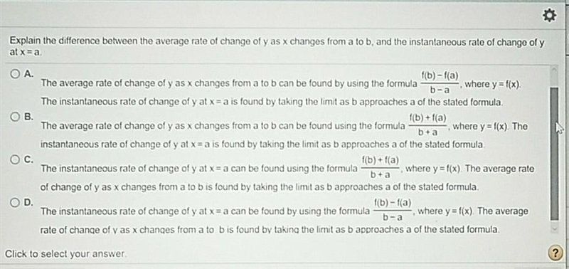 Explain the difference between the average rate of change of y as x changes from a-example-1