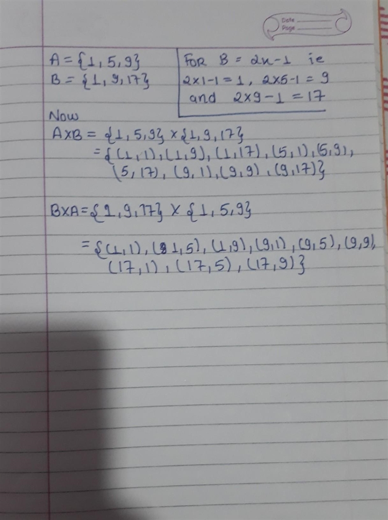 If A={1,5,9}and B={y:y=2x-1;x=1,5,9},find A×B and B×A.​-example-1