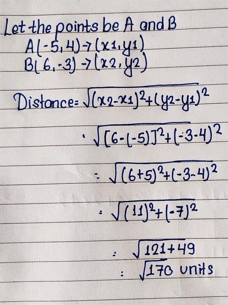 What is the length of the segments that joins the points (-5,4) and (6,-3)?-example-1