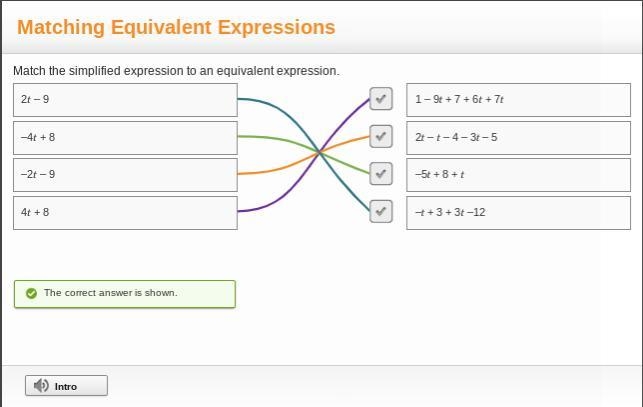 Match the simplified expression to an equivalent expression 2t -9 2t-t-example-1